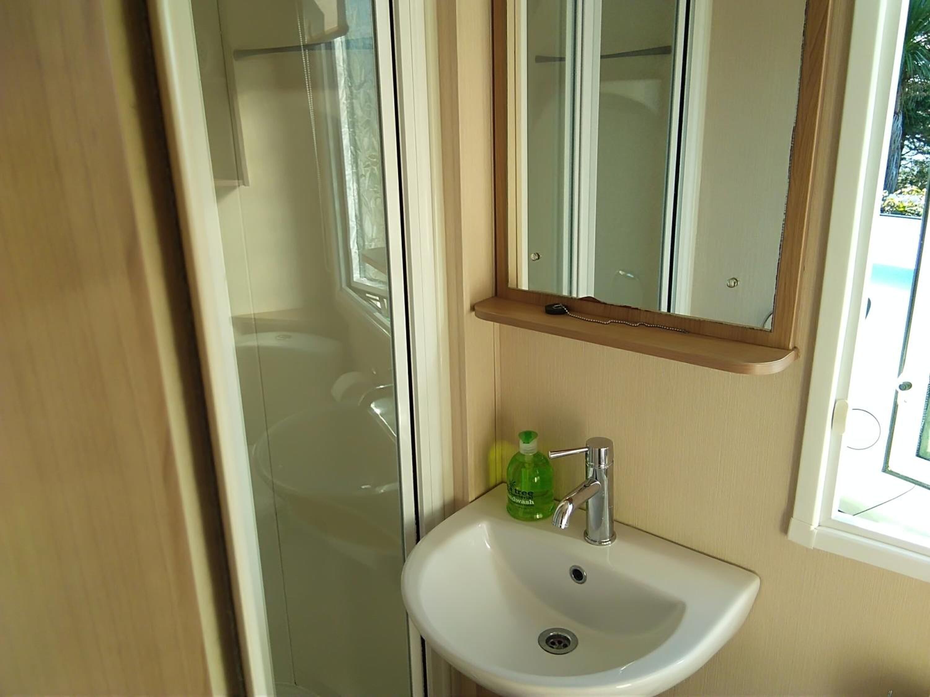 Ein Badezimmer mit Duschkabine aus Glas, einem weißen Waschbecken und einem grünen Seifenspender sowie einem Spiegel über dem Waschbecken.