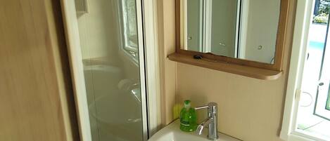 A bathroom with a glass shower enclosure, a white sink with a green soap dispenser, and a mirror above the sink.