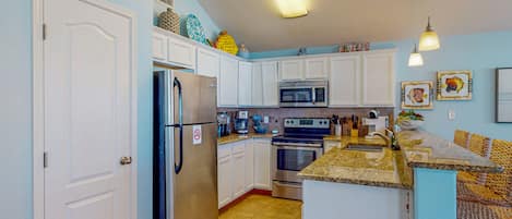 Fridge, microwave, dishwasher, coffee/tea maker