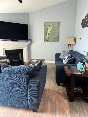 Älytelevisio, takka, DVD-soitin, kirjoja