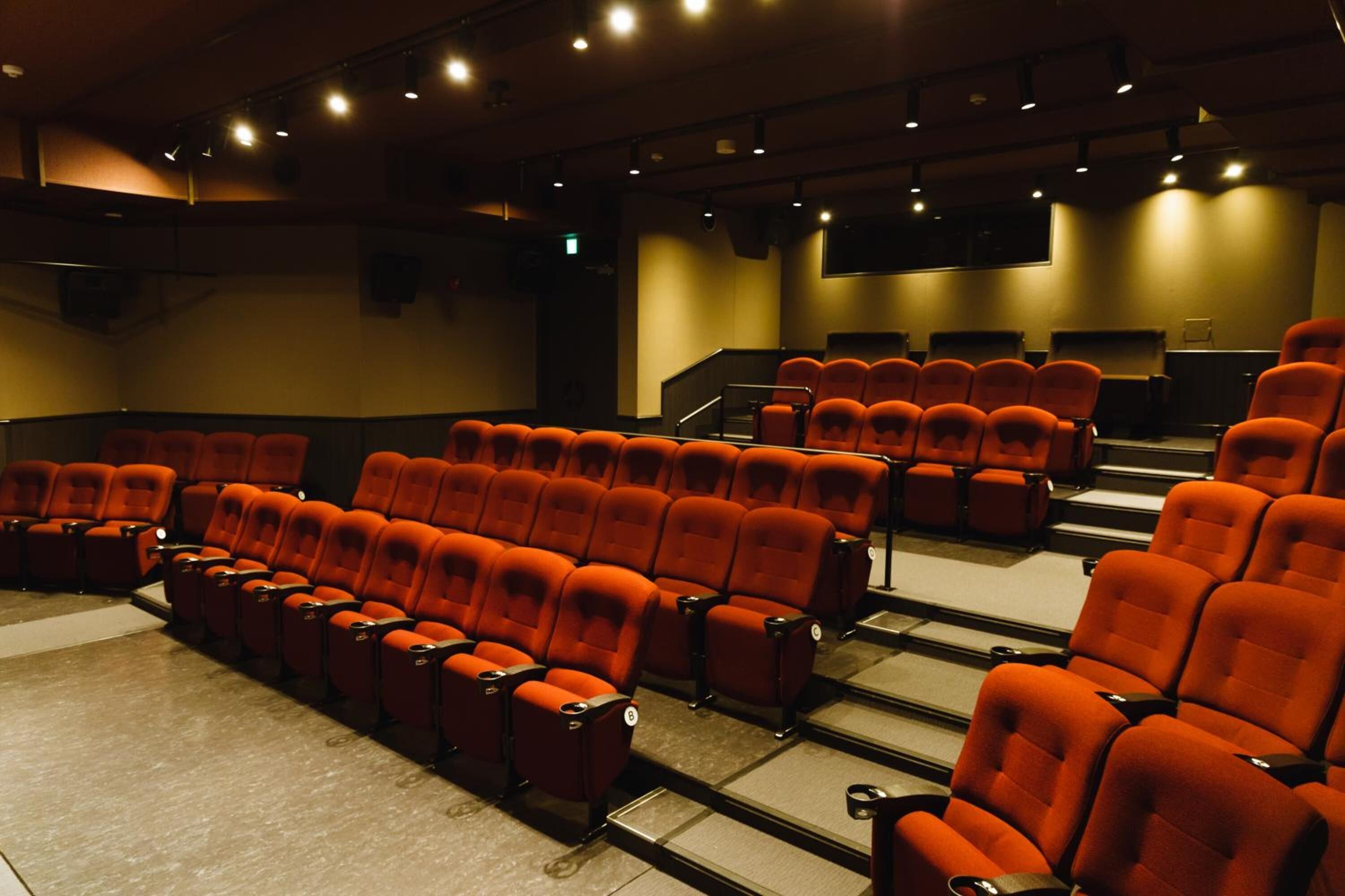 A theater with rows of red seats, a stage, and a large screen.