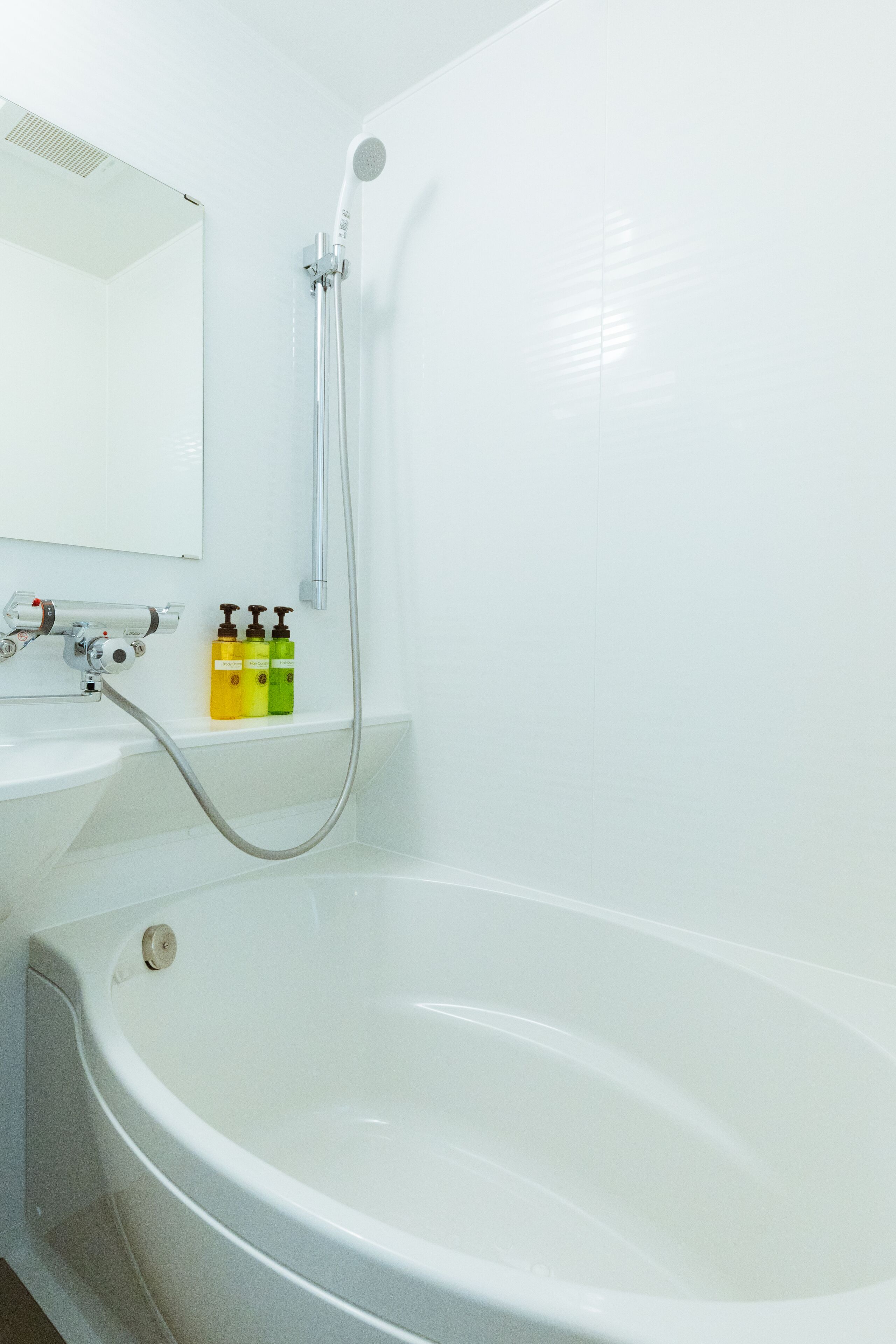 Een moderne badkamer met een witte badkuip, een handdouche en een wastafel met zeepdispensers.