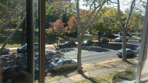 Een parkeerplaats met verschillende geparkeerde auto's, bomen en een gazon.