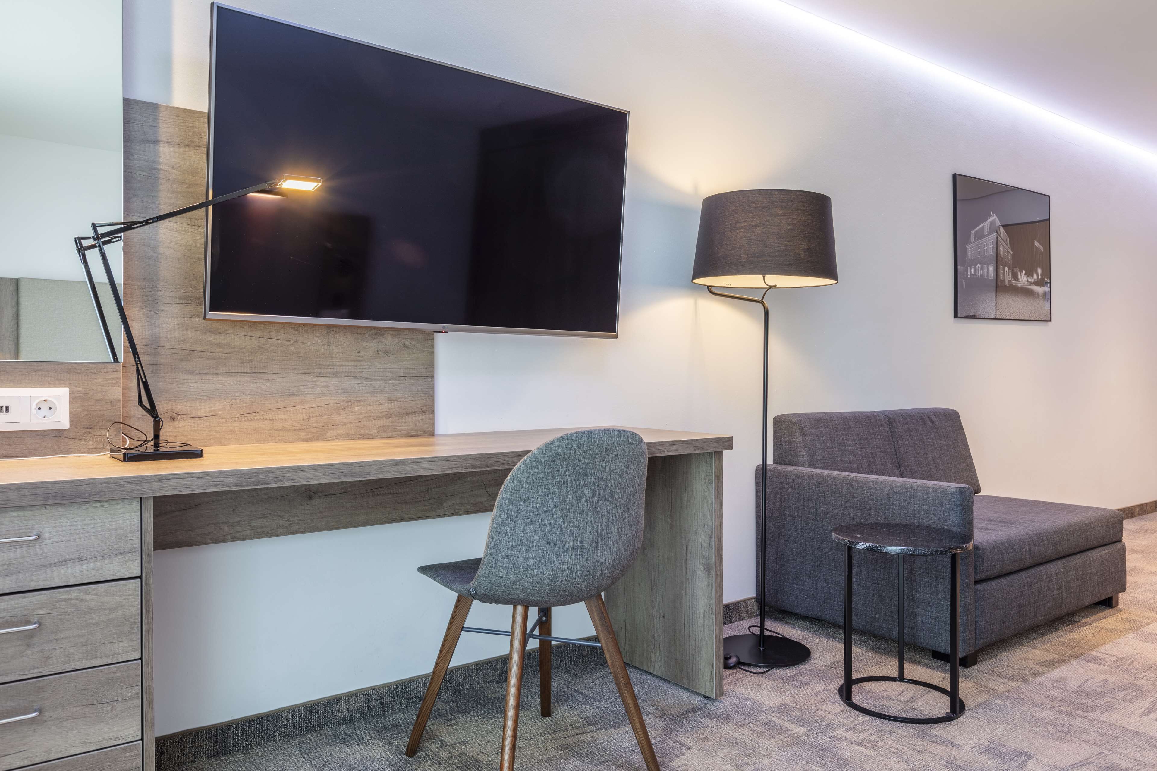 In-room safe, desk, laptop workspace, blackout curtains