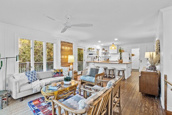 Smart TV, fireplace, books, music library