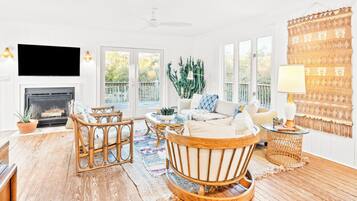 TV connectée, cheminée, livres, médiathÚque