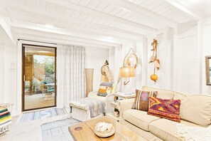 Smart TV, fireplace, books, music library