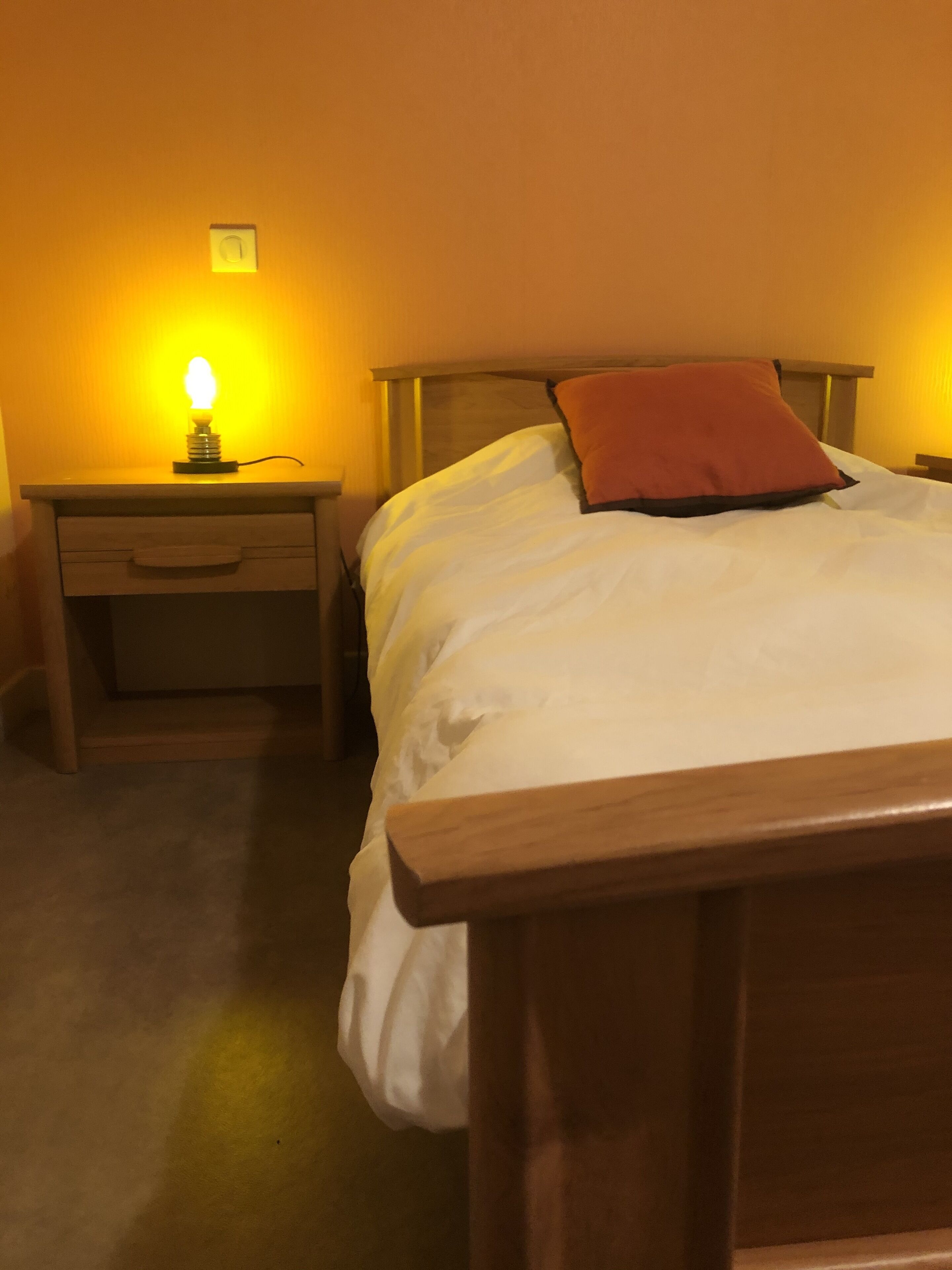 Un dormitorio con estructura de cama de madera, una mesita de noche con lámpara y un enchufe de pared.