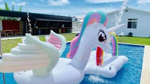 An inflatable unicorn float in a swimming pool with a water fountain feature. - Kenting Trail Villa (Hengchun)