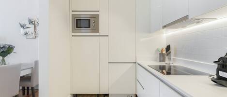 A modern kitchen with white cabinets, a built-in microwave, and a black induction cooktop.