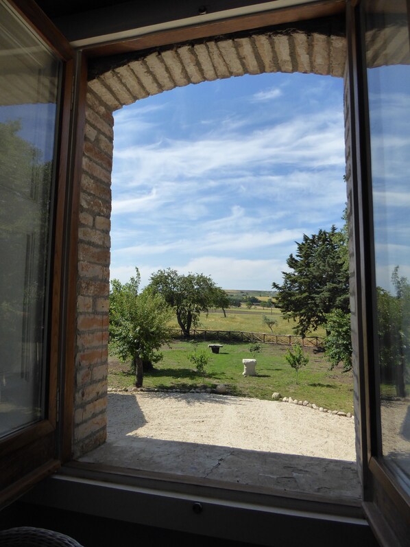 A view through a window with a brick archway, revealing a grassy landscape with trees and a fence.