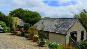 A small, rustic building with a sloped roof, surrounded by a gravel driveway and various potted plants. - Shipload Cottage (Bideford)