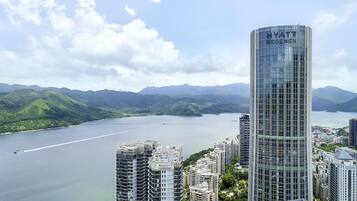 A high-rise building with the name "HYATT REGENCY" prominently displayed.