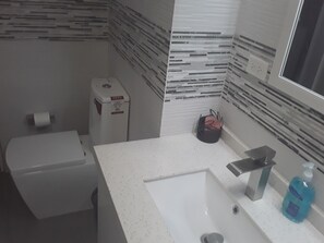 Shower, towels, soap, toilet paper