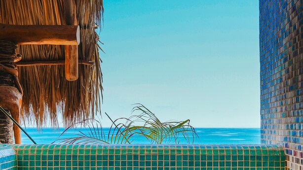 A tiled wall with a shower control knob and a bottle of shampoo. - Casa Pata Salada (Sayulita)