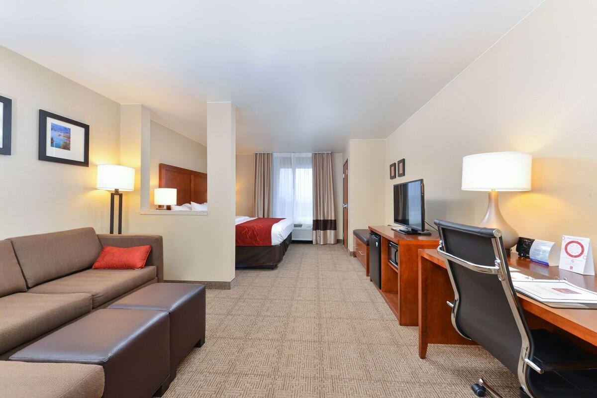 A hotel room with a sofa, a bed, a desk with a TV, a chair, and a lamp.