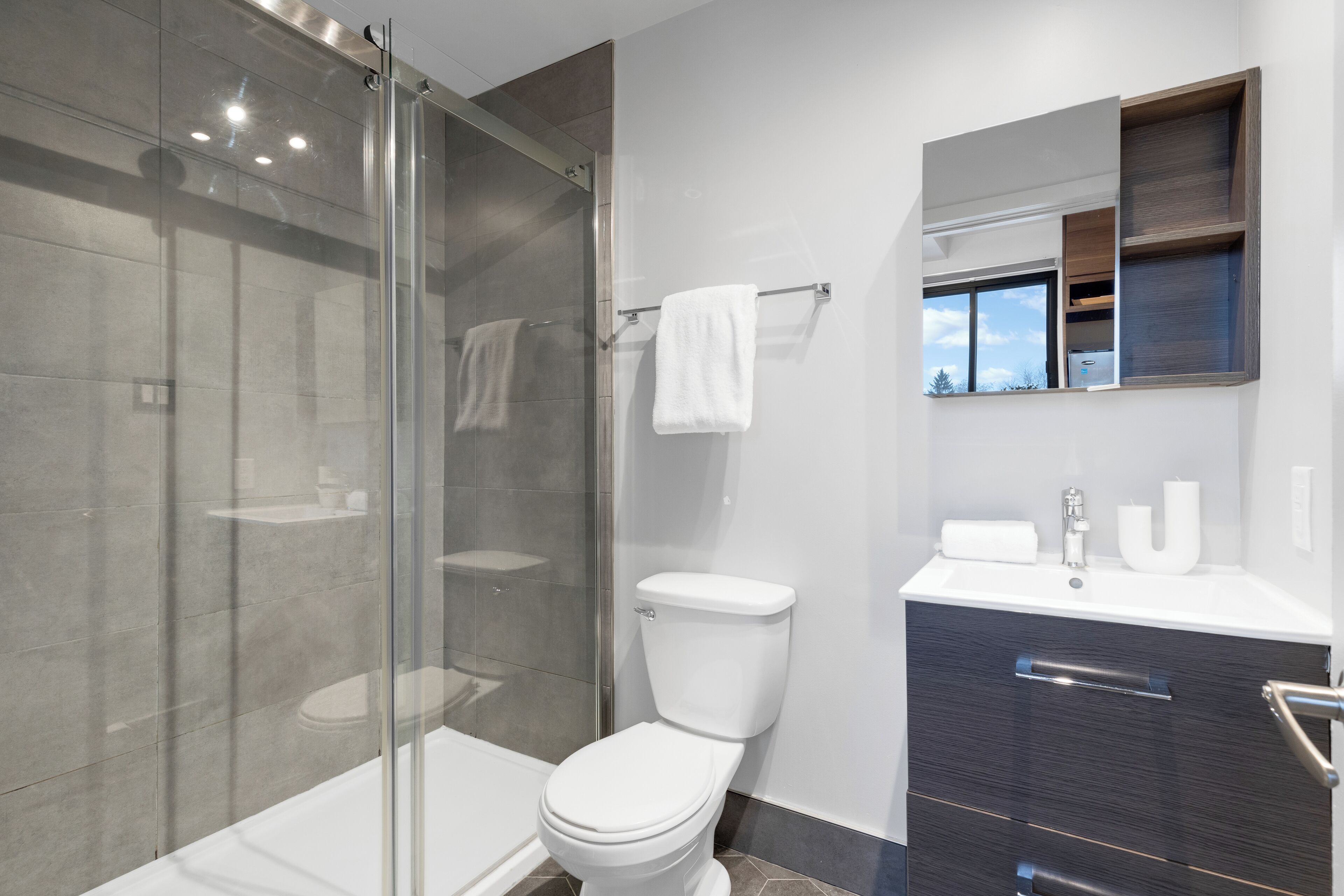 Une salle de bain moderne avec une douche à parois de verre, des toilettes blanches et un meuble-lavabo en bois foncé agrémenté d’un miroir.