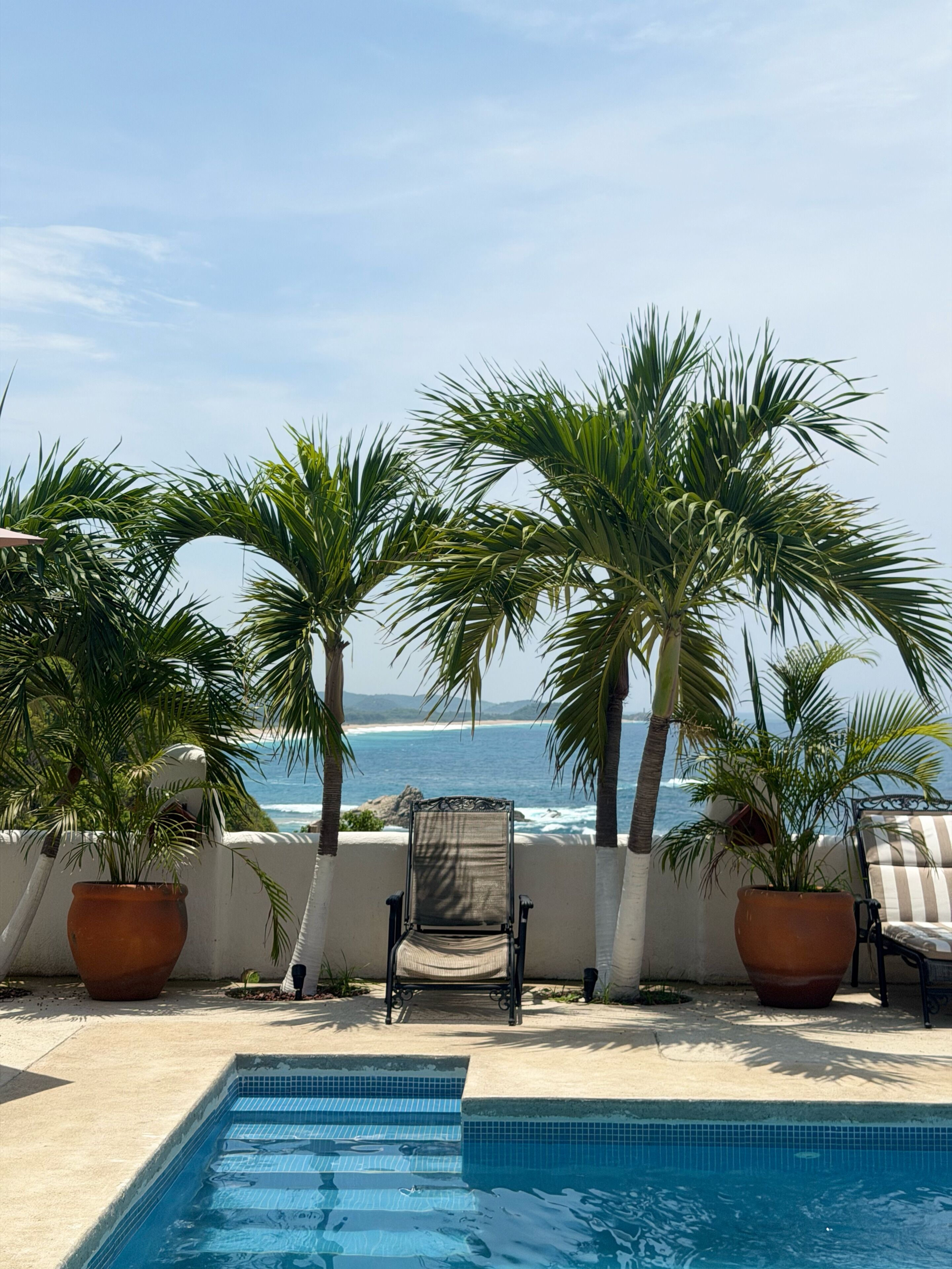 A poolside area with a chair and potted plants, overlooking a beach.