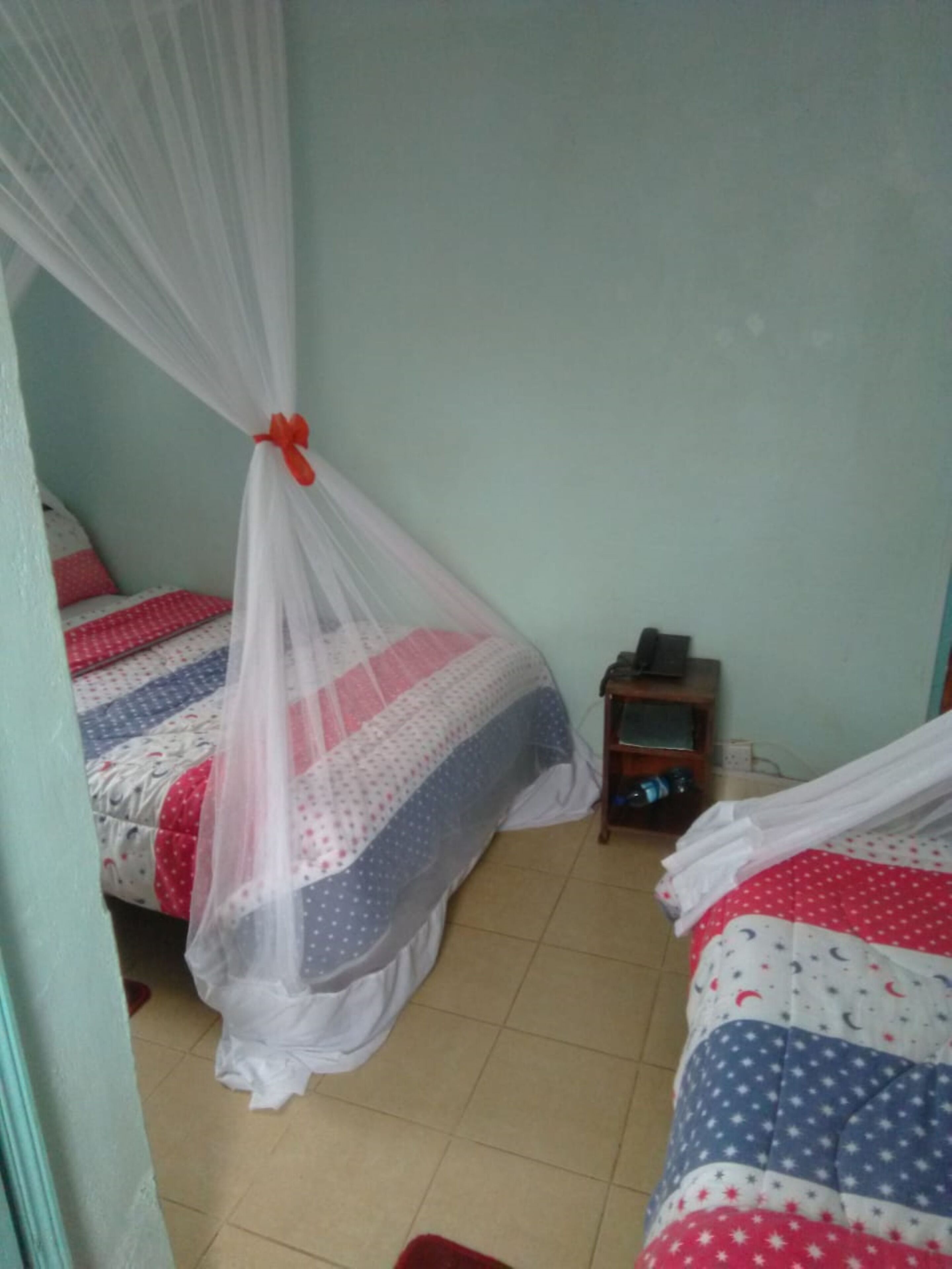 A bedroom with two beds, each covered with a mosquito net and patterned bedding. There is a small wooden nightstand with a lamp and a power outlet.