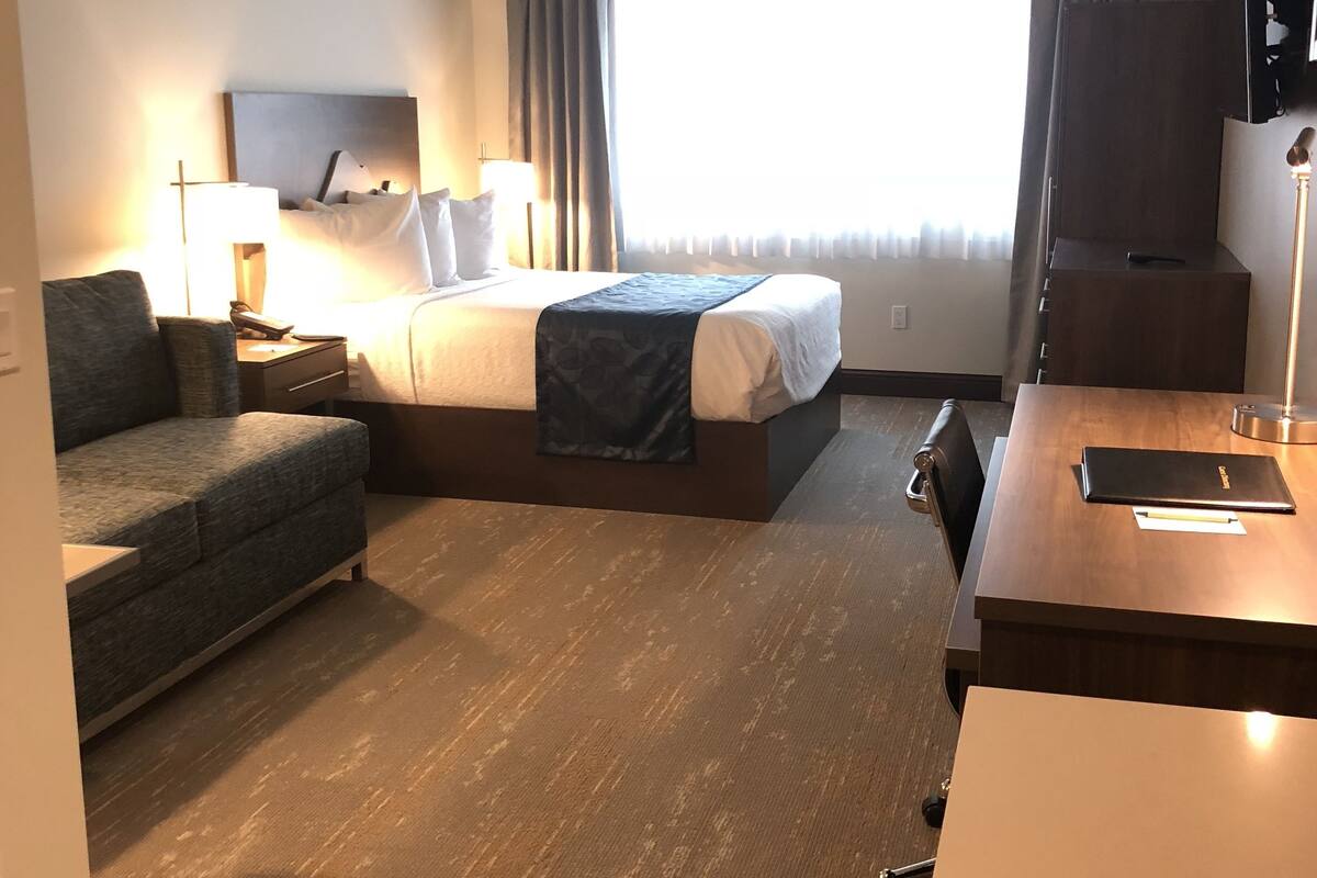 A hotel room with a bed, a desk, a sofa, and a TV.