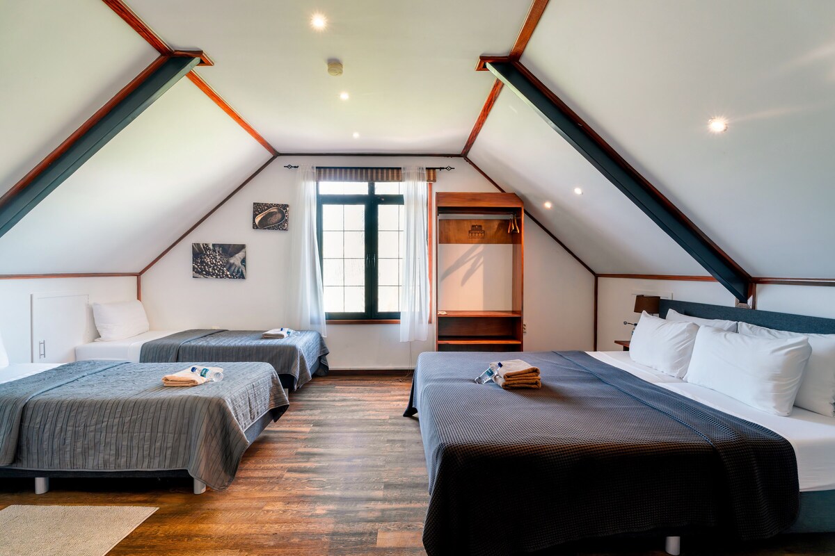 Una habitación con dos camas, una ventana y un espejo.