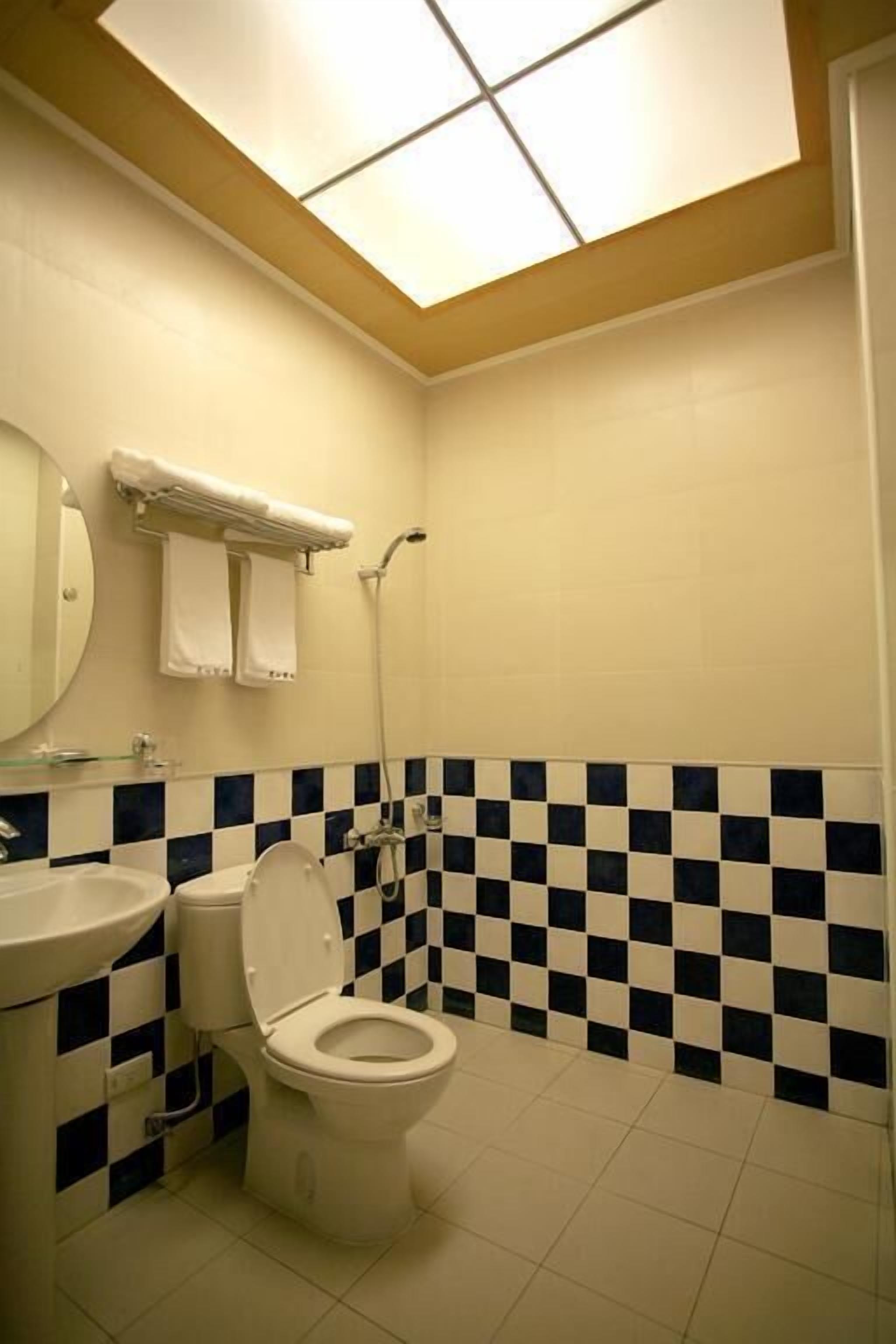 Un baño con salpicadero de azulejos a cuadros, un inodoro, un lavabo y un espejo.