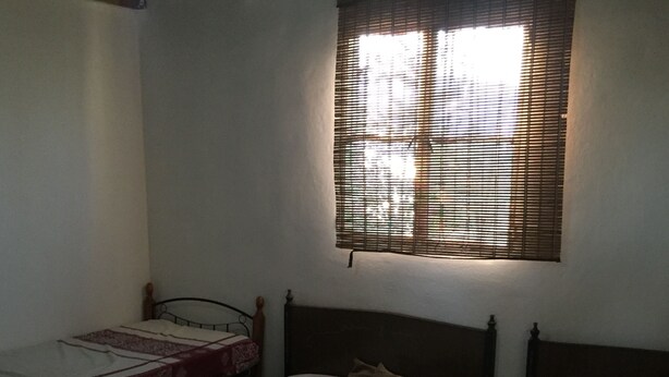 Una habitación con dos camas individuales, una ventana con persianas y una pared lisa.