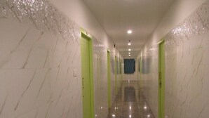 A hallway with marble walls and green doors, leading to a room with a blue curtain. - Eden A Park (Palani)