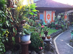 Una casa tradicional con techo de tejas, rodeada de macetas con diversas plantas y flores.