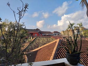 Vista de una zona residencial con techos de tejas tradicionales y casas.