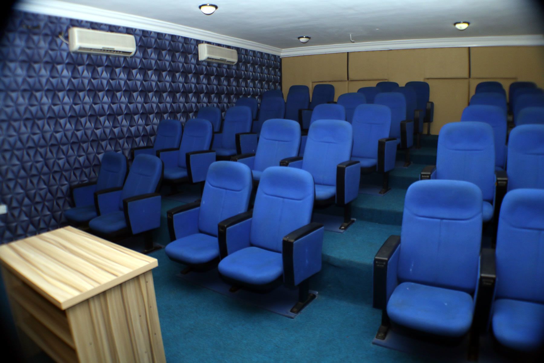 A cinema room with rows of blue seats, a wooden counter, and a patterned wall.