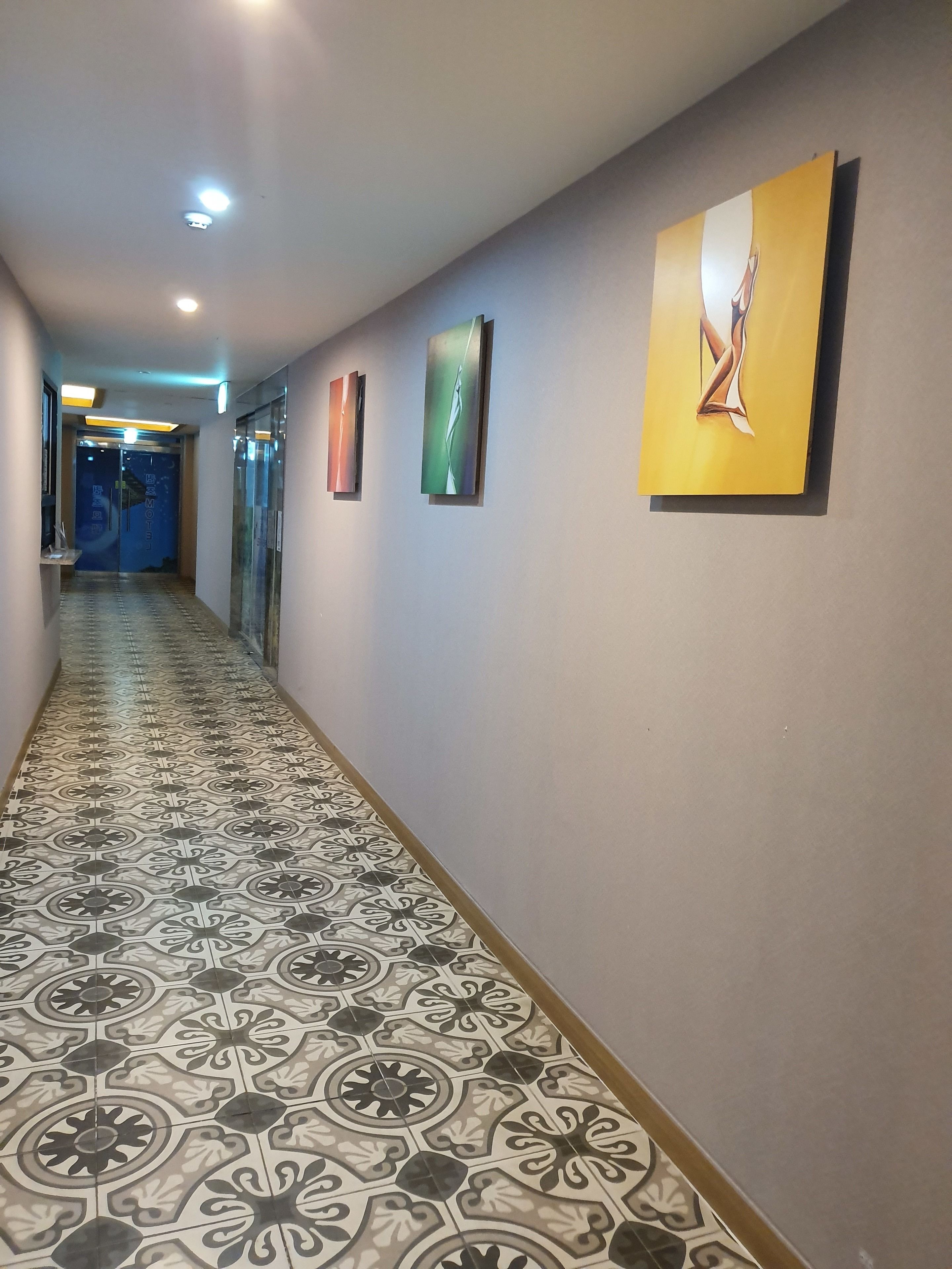 Un couloir avec des carreaux de sol à motifs, un ascenseur bleu et trois œuvres d’art encadrées accrochées au mur.