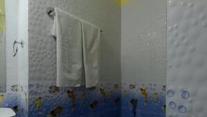 A bathroom with a shower, a white sink, and a towel hanging on the wall. - Hotel Atithi Bhawan by Sky Stays (Nathdwara)