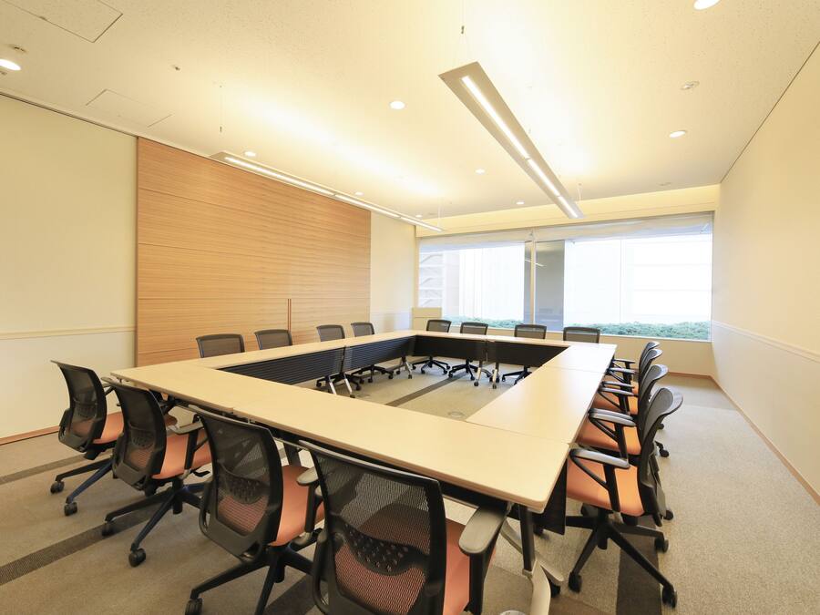 A conference room with a long table, chairs, and a view of the outdoors through large windows.
