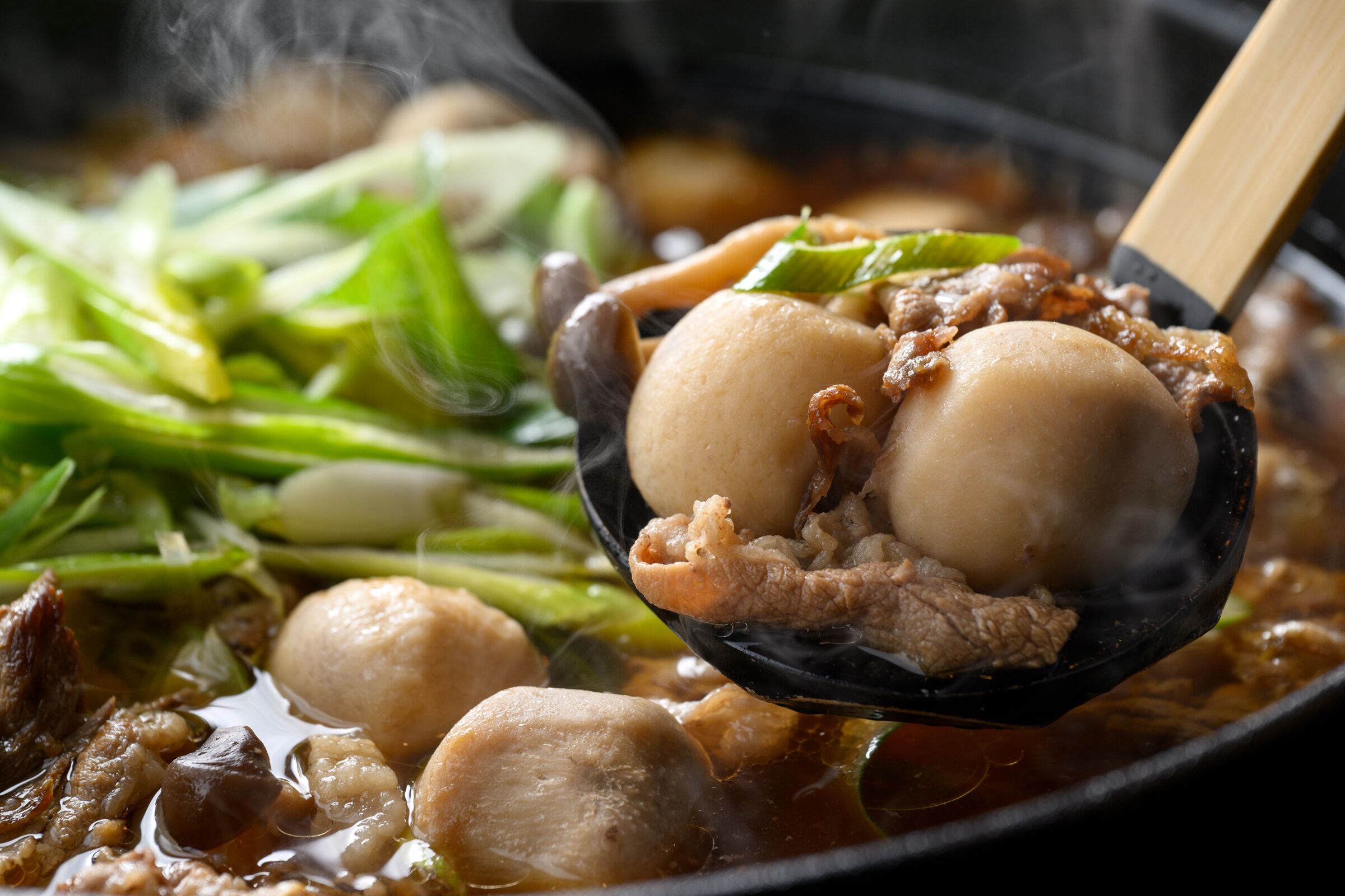 Une vue rapprochée d’un plat composé de viande, de tofu et de légumes, le tout servi dans un bouillon.