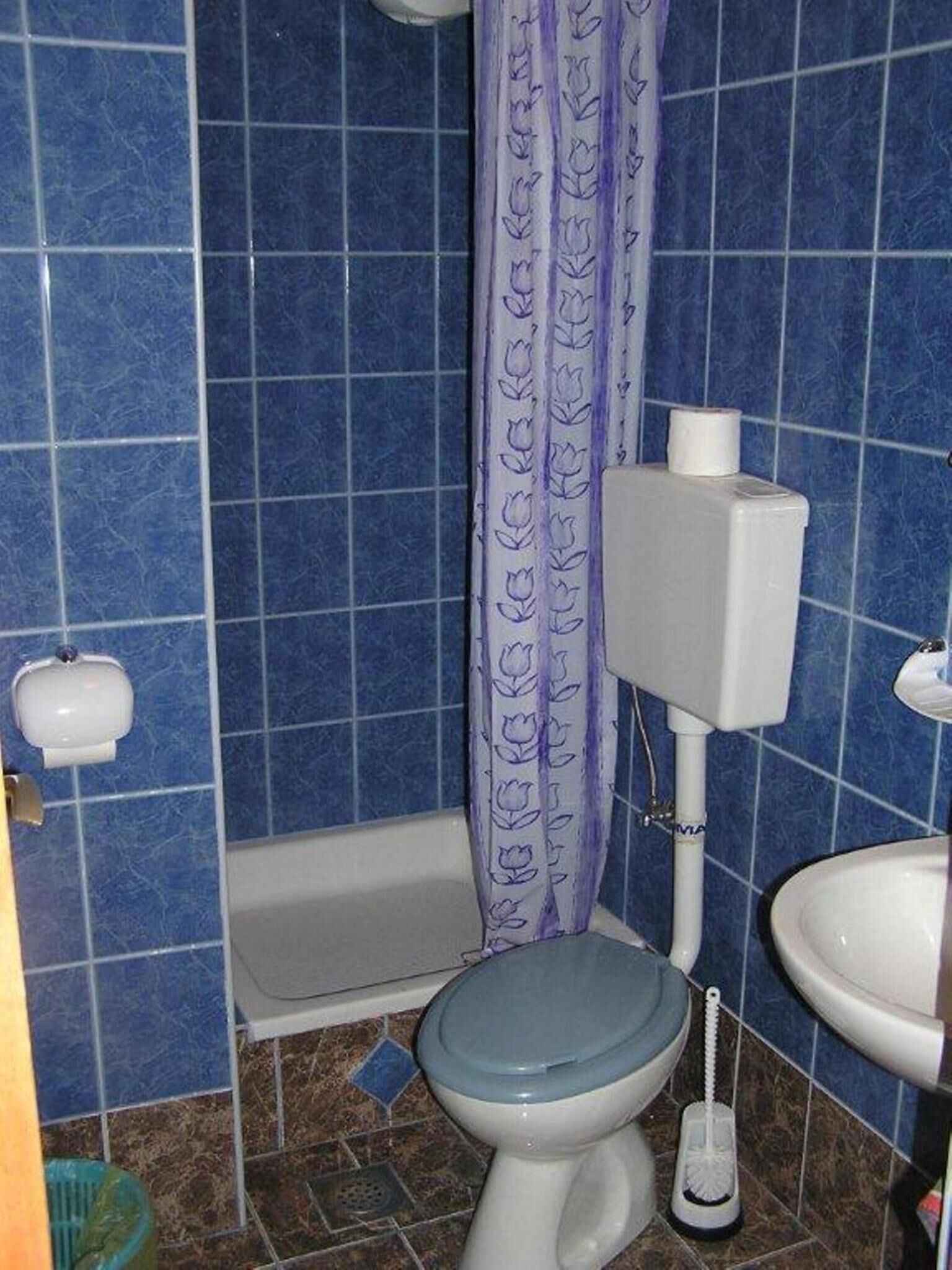 Un baño con azulejos azules, inodoro, lavabo y cortina de ducha.
