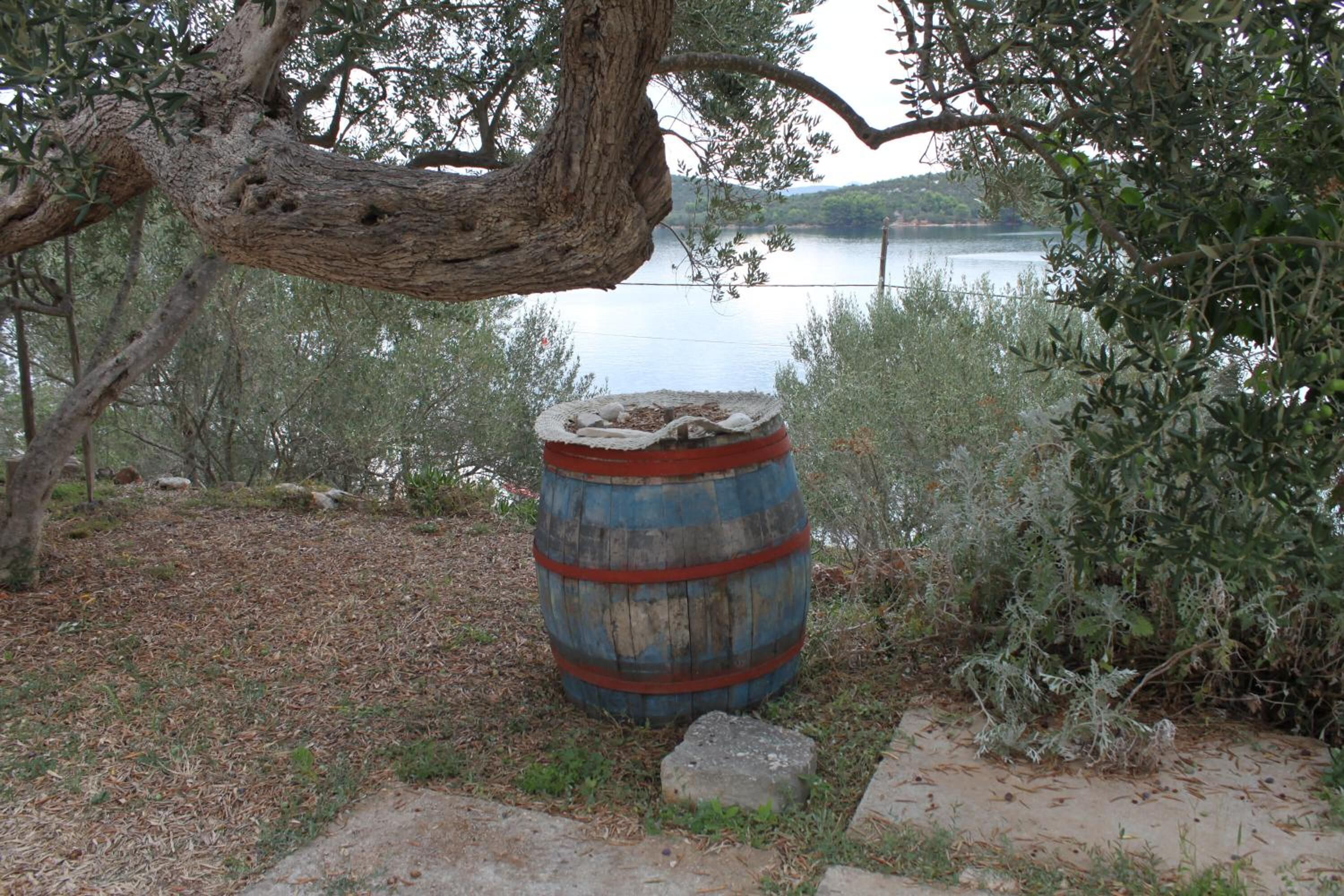 A rustic wooden barrel by a lakeside path with a tree overhead.
