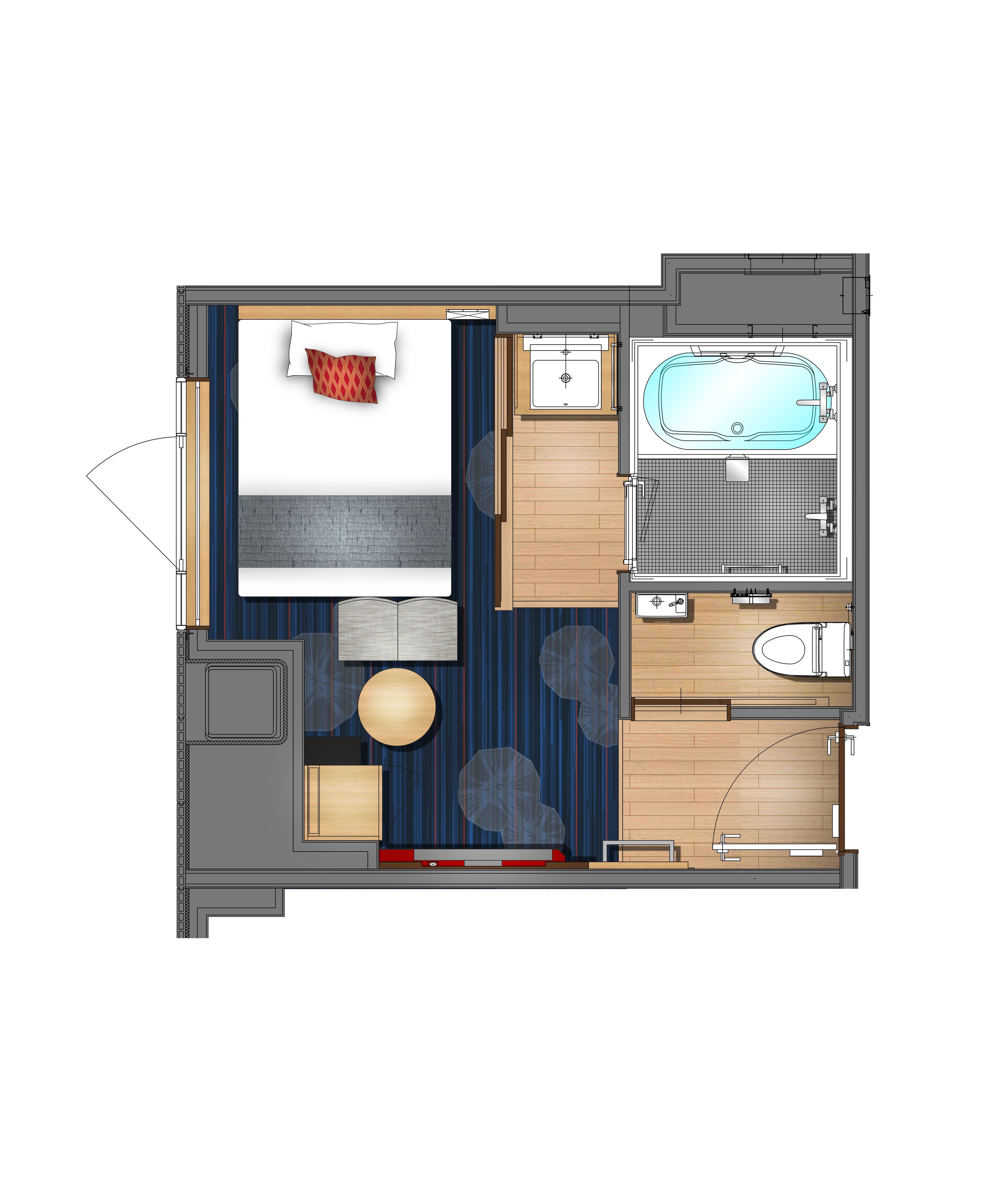 Un plan d’une chambre d’hôtel comprenant un lit, un coin salon, une salle de bain et une petite piscine.