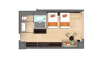 A hotel room layout with a bathroom, a small pool, two beds, a sofa, and a dining area.