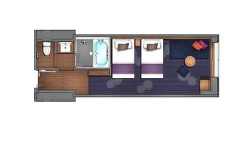 Distribución de una habitación de hotel con baño, dos camas, un sofá y una zona de estar circular.