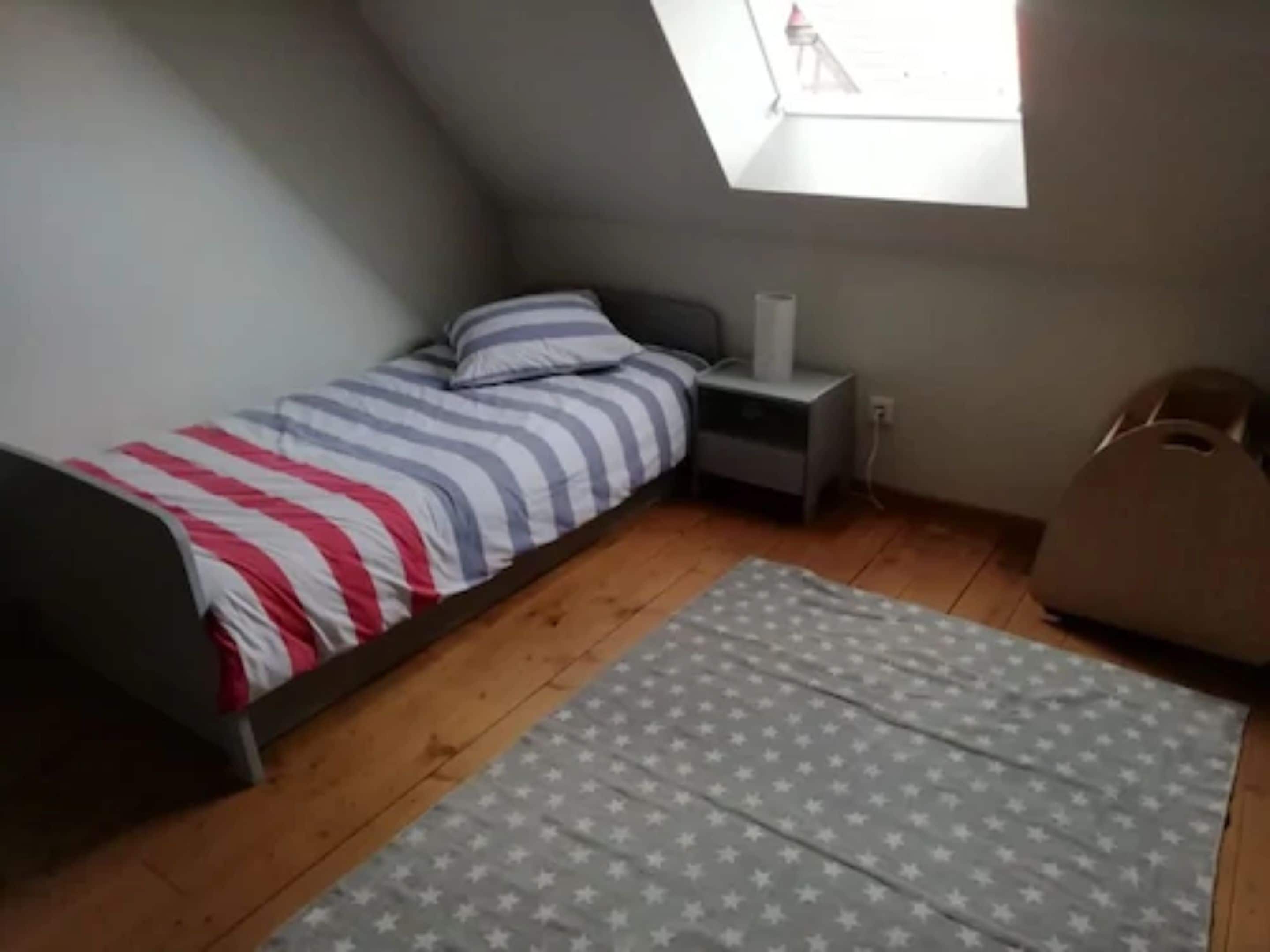 A small, single-bed room with a sloped ceiling, a nightstand, a lamp, a star-patterned rug, and a window with a view of a building.