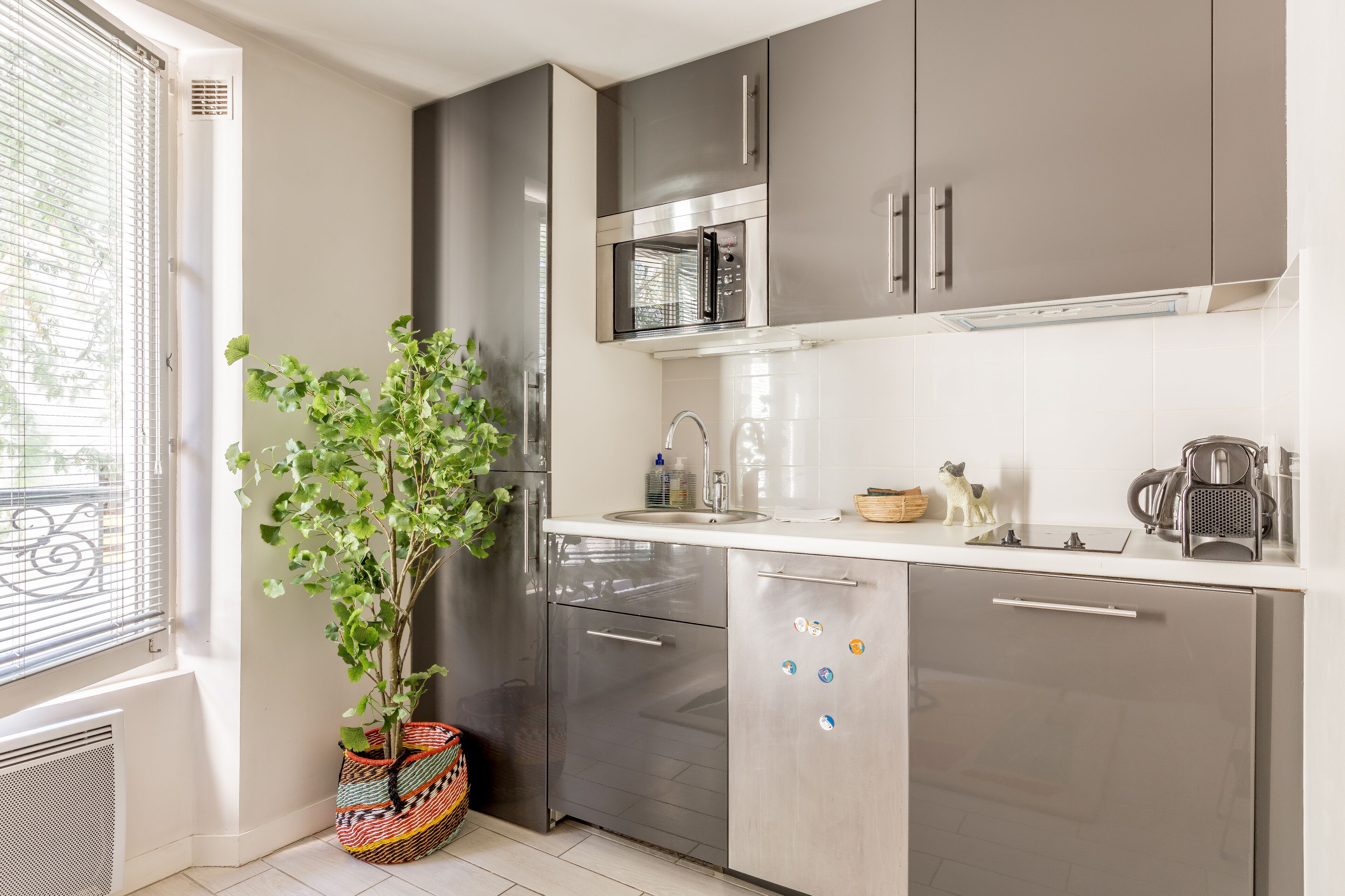 A modern kitchen with stainless steel appliances, a potted plant, and a window with blinds.