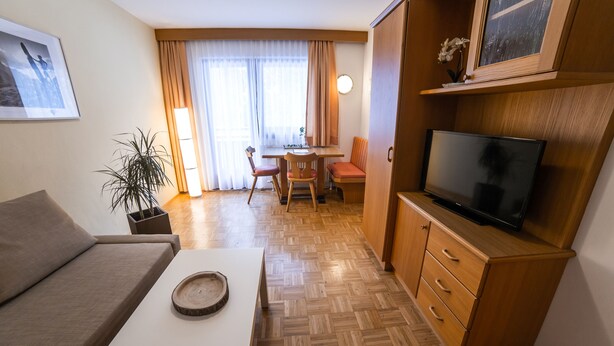 A modern hotel room with a sofa, a dining table with chairs, a television, and a potted plant. - Canisiusbrünnl (Rum)