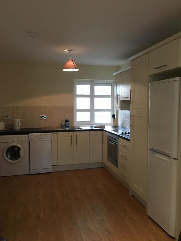 Full-sized fridge, microwave, oven, stovetop