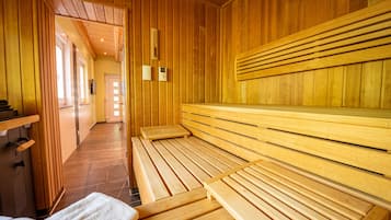 A sauna with wooden benches and a tiled floor.