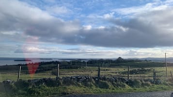 A rural landscape with a clear sky, a stone wall, and a fence.