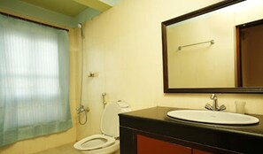 Bathroom features a toilet, sink, and shower area with a curtain.