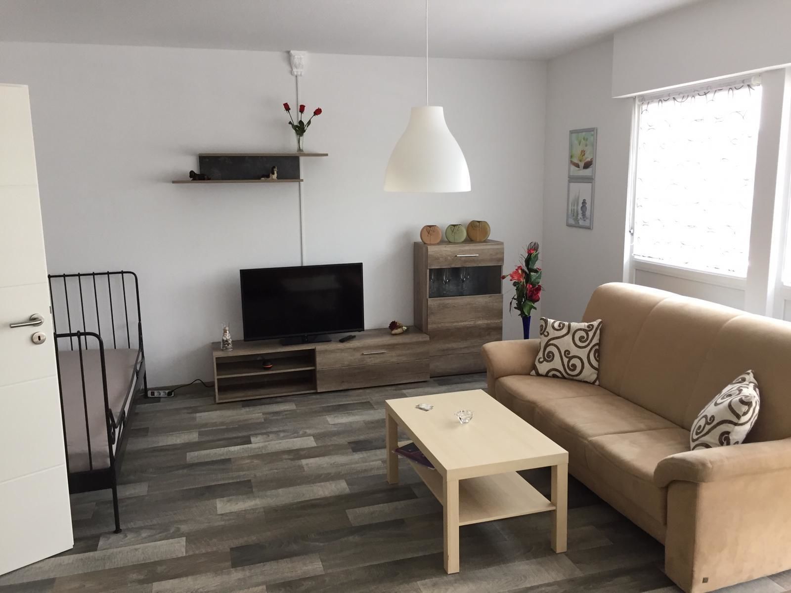 A modern living room with a sofa, a coffee table, a TV, and a wooden cabinet.
