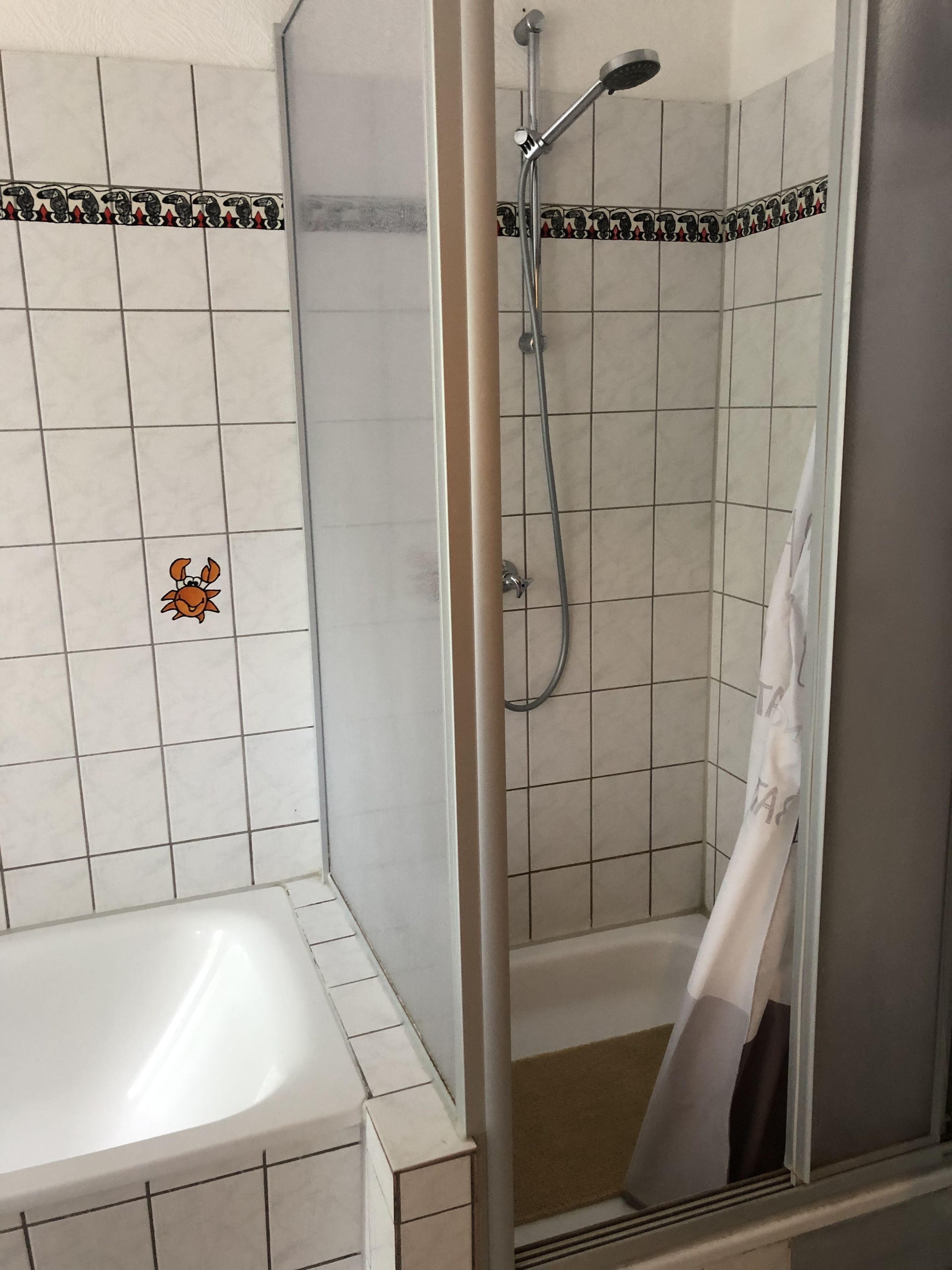 A shower area with a glass door, a bathtub, and tiled walls with a decorative border.