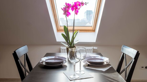Una mesa de comedor con dos sillas, una planta en maceta y dos copas de vino.